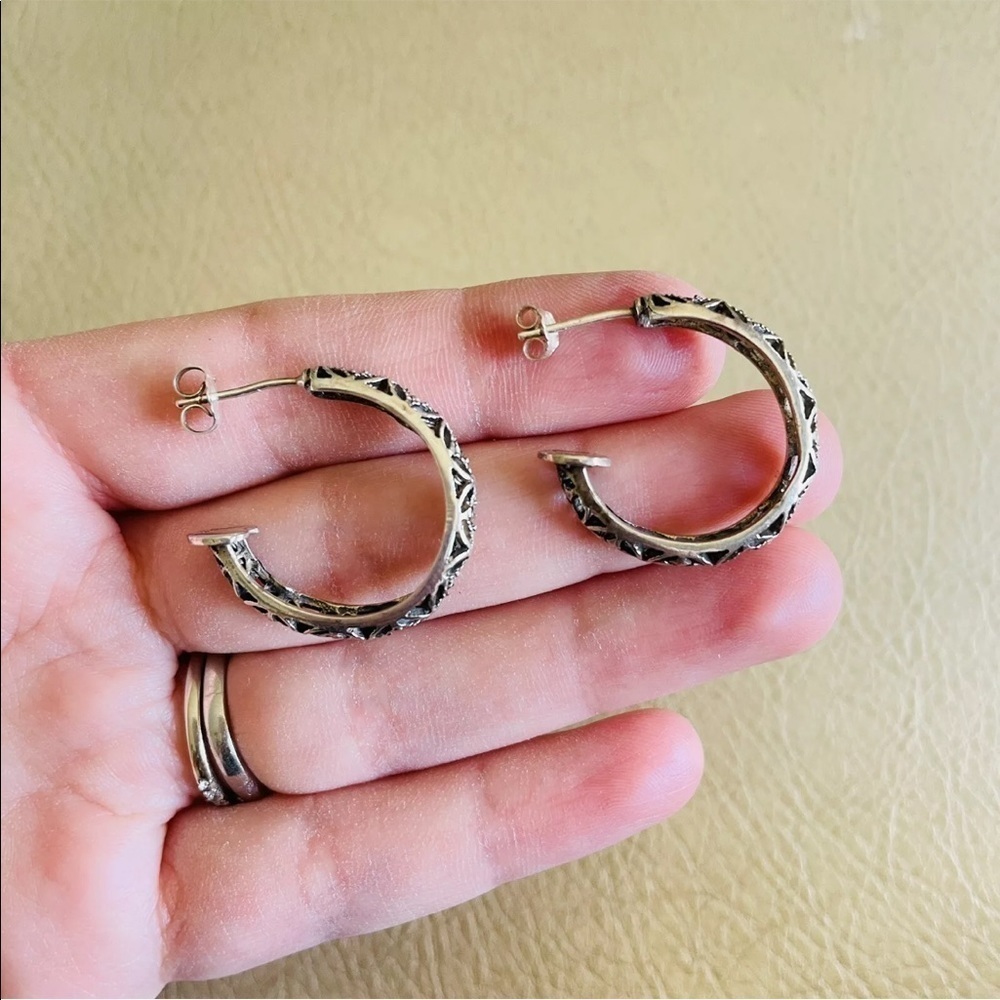 Ornate Hoop Cross Sterling Silver And Marcasite Earrings - Picture 5 of 9